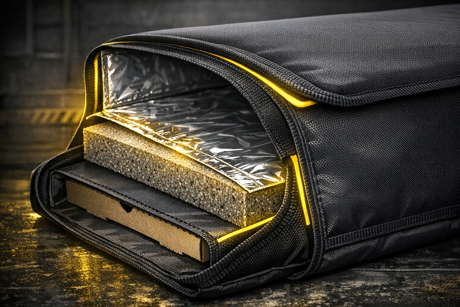Cross-section of insulated pizza delivery bag showing thermal layers