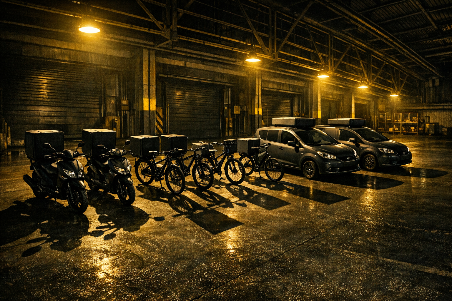 Pizza delivery vehicle fleet in industrial depot — motorcycles, bicycles and cars